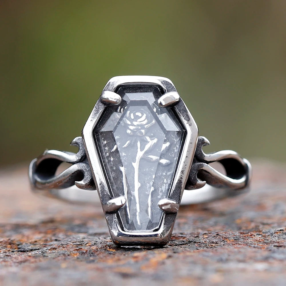 Gothic Ring - Style - Glass Coffin with Delicate Hammered Flower Detail.  Great For Vampire Balls, Events, and Gifting