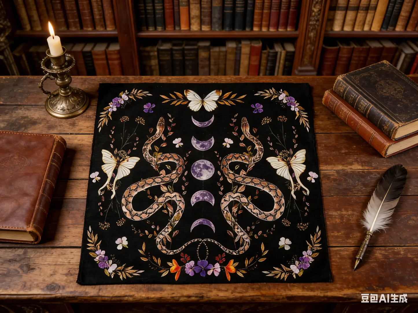 Floral Serpent Lunar Altar Cloth Single Sided 2D Print Mystical Table Cover Home Altar Ritual Room Witchy Vibe Decor Pagan Gift