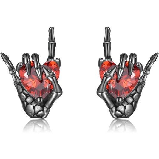 Goth Earrings- Dark Bone Hand & Heart Post Back Earrings- Punk Rock Jewelry "Great for Halloween"