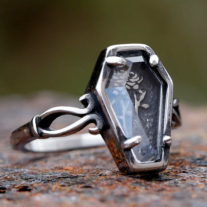 Gothic Ring - Style - Glass Coffin with Delicate Hammered Flower Detail.  Great For Vampire Balls, Events, and Gifting