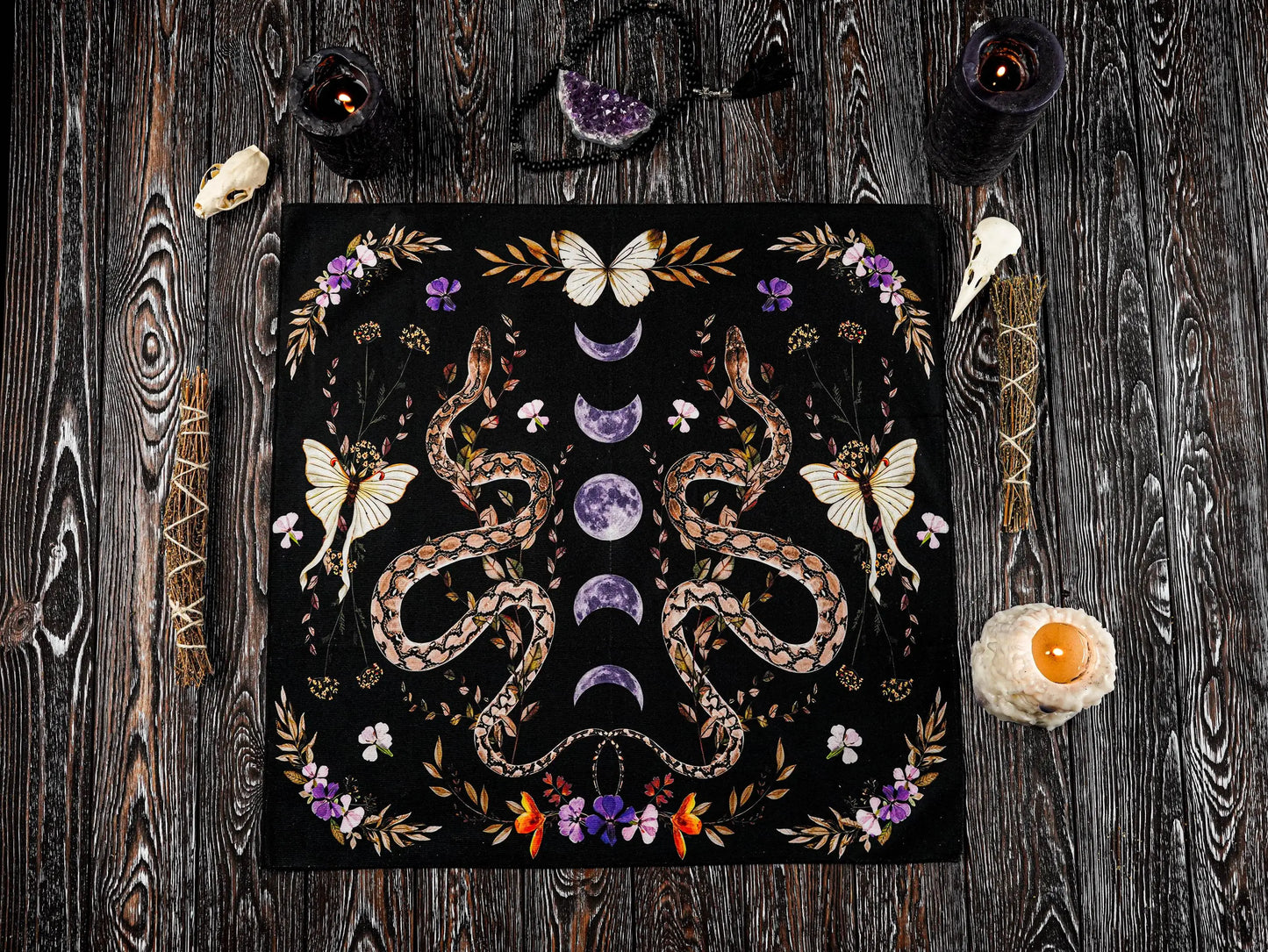 Floral Serpent Lunar Altar Cloth Single Sided 2D Print Mystical Table Cover Home Altar Ritual Room Witchy Vibe Decor Pagan Gift