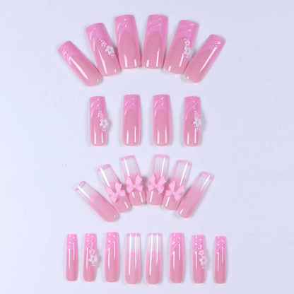 24PCS- Long coffin shaped fake nails, pink three-dimensional butterfly, pink flower decoration, suitable for dating, dinner