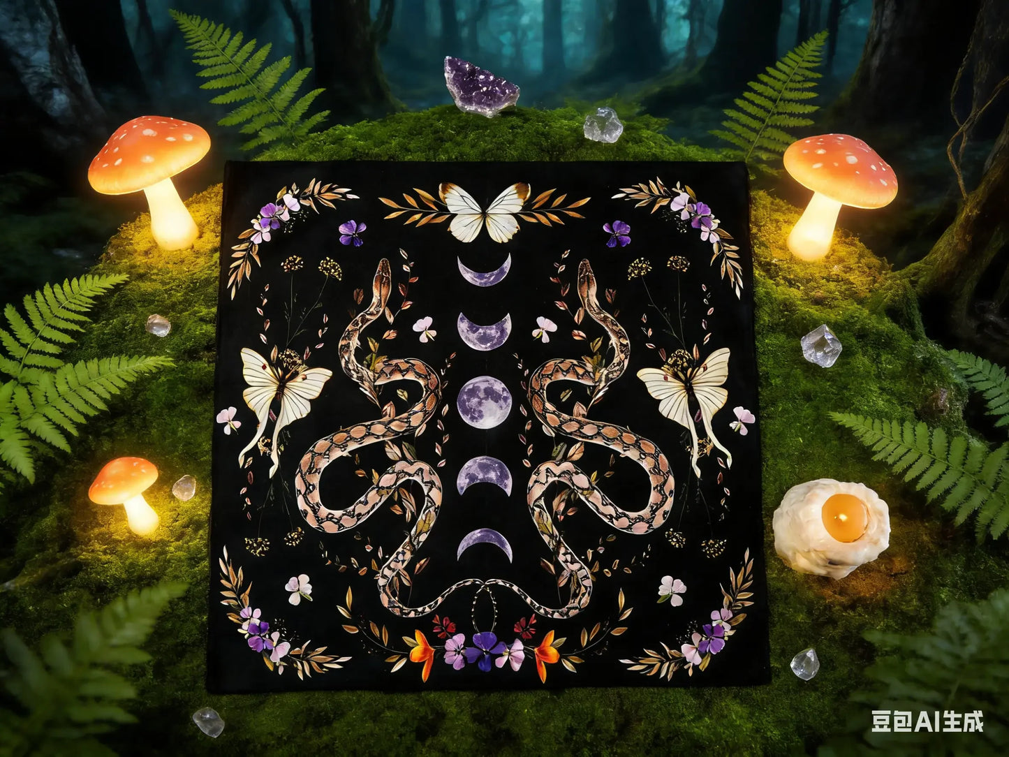 Floral Serpent Lunar Altar Cloth Single Sided 2D Print Mystical Table Cover Home Altar Ritual Room Witchy Vibe Decor Pagan Gift
