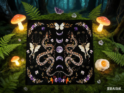 Floral Serpent Lunar Altar Cloth Single Sided 2D Print Mystical Table Cover Home Altar Ritual Room Witchy Vibe Decor Pagan Gift