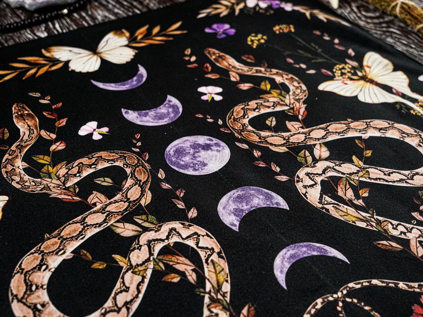 Floral Serpent Lunar Altar Cloth Single Sided 2D Print Mystical Table Cover Home Altar Ritual Room Witchy Vibe Decor Pagan Gift