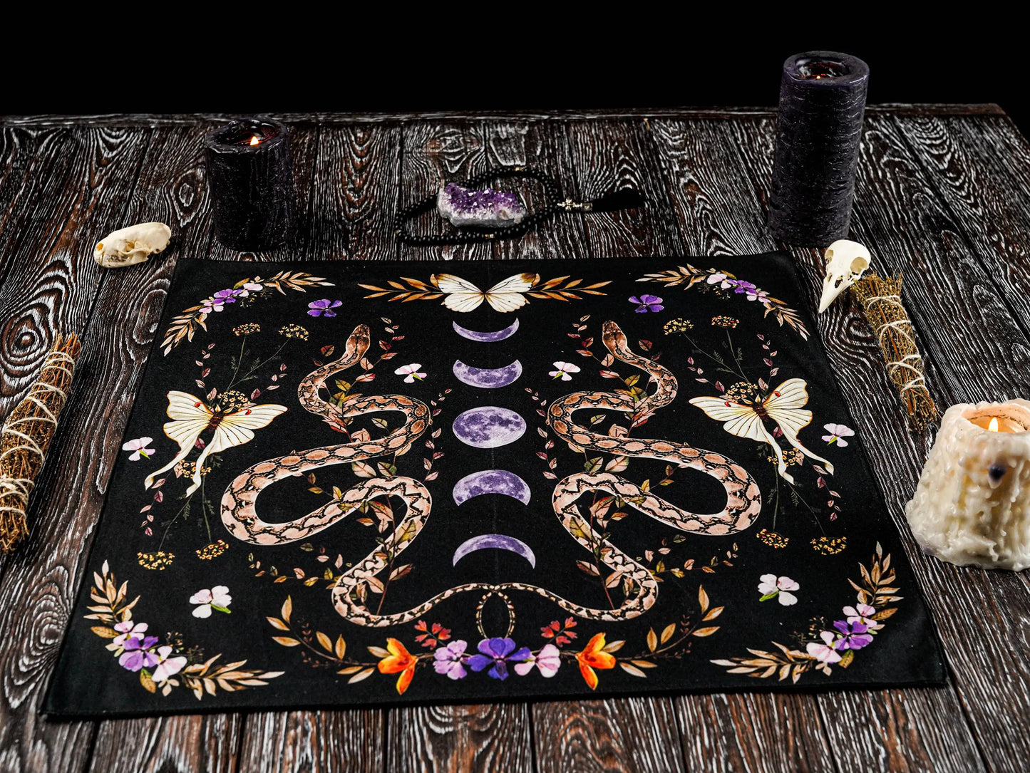Floral Serpent Lunar Altar Cloth Single Sided 2D Print Mystical Table Cover Home Altar Ritual Room Witchy Vibe Decor Pagan Gift