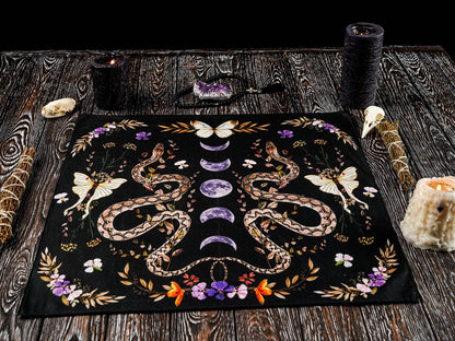 Floral Serpent Lunar Altar Cloth Single Sided 2D Print Mystical Table Cover Home Altar Ritual Room Witchy Vibe Decor Pagan Gift