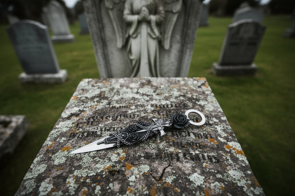 Aged decorative Athame with coffin and rose embellishments wrapped in chain.