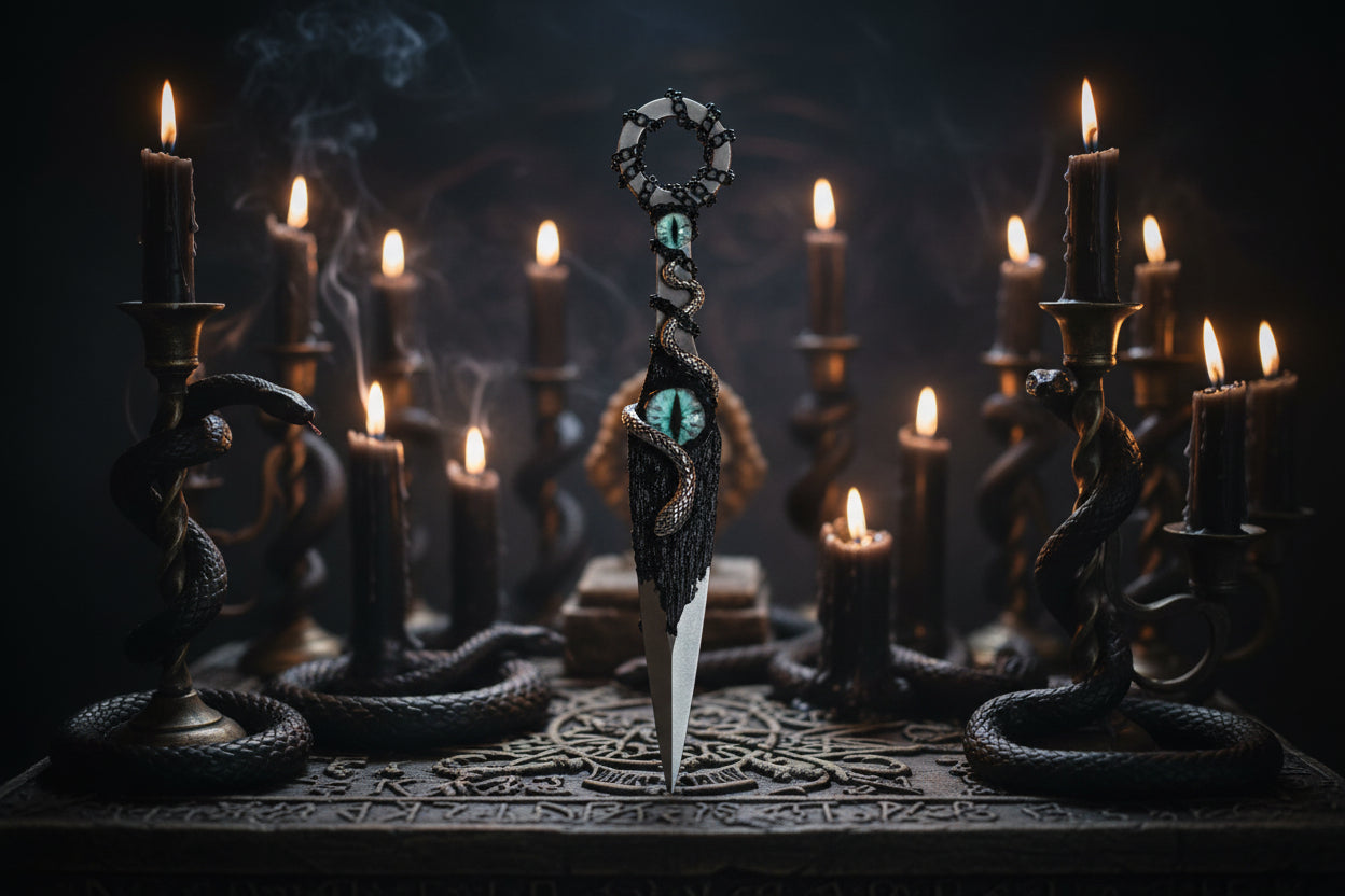 a altar Athame decorated with a snake and piercing blue cat eyes on a candle laden alter