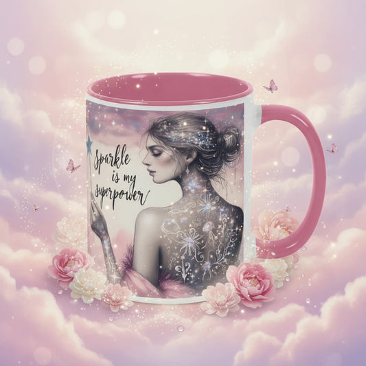 Pink interior Mug with a soft pink design of a woman and the text 'Sparkle is my superpower' on a pink clouds and flowers background