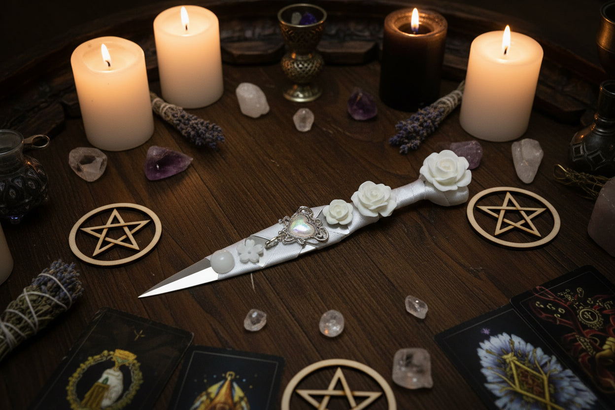White Rose Decorative Athame on ritual altar