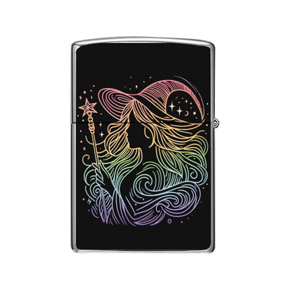 Enchanted Lighter Case: For Witchcraft Only! Silver / One Size Close up of Rainbow line gradient picturing a witch with wand and hat.