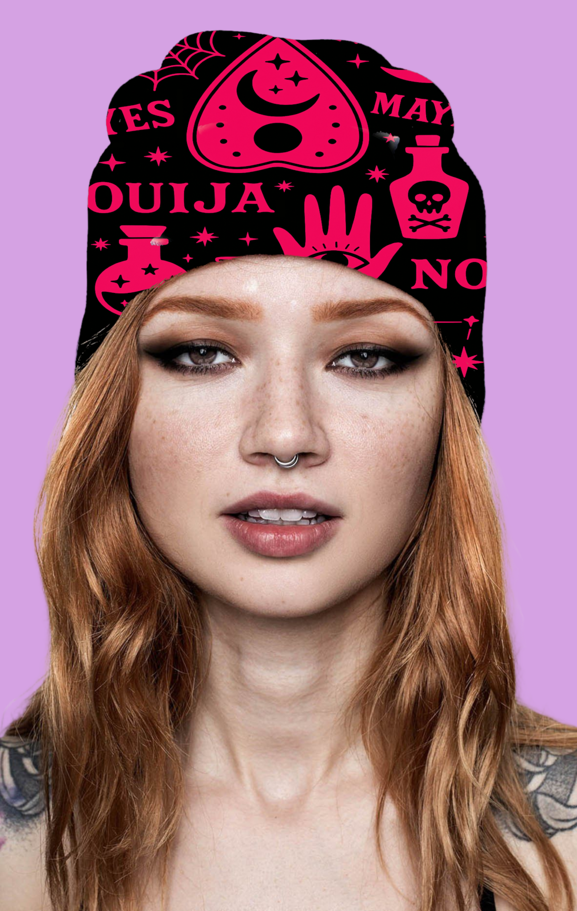 Person wearing a black beanie with pink Ouija board design on a white background