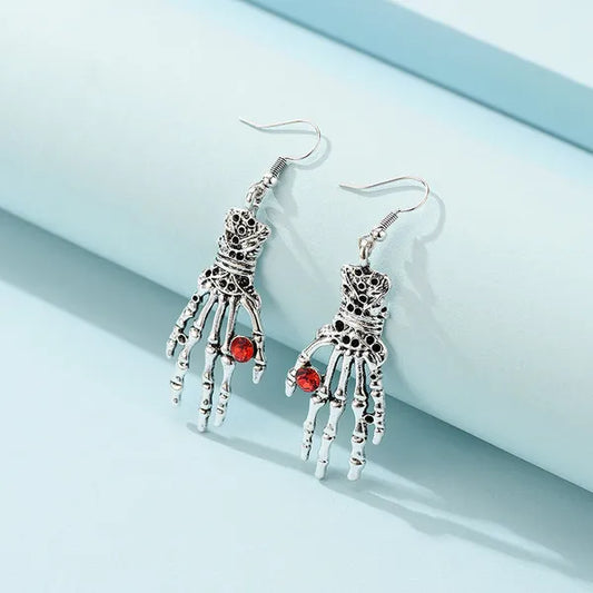 Goth Style Skeleton Hand Earings with Ruby Red Crystals.,Earrings,The Gift Dimension