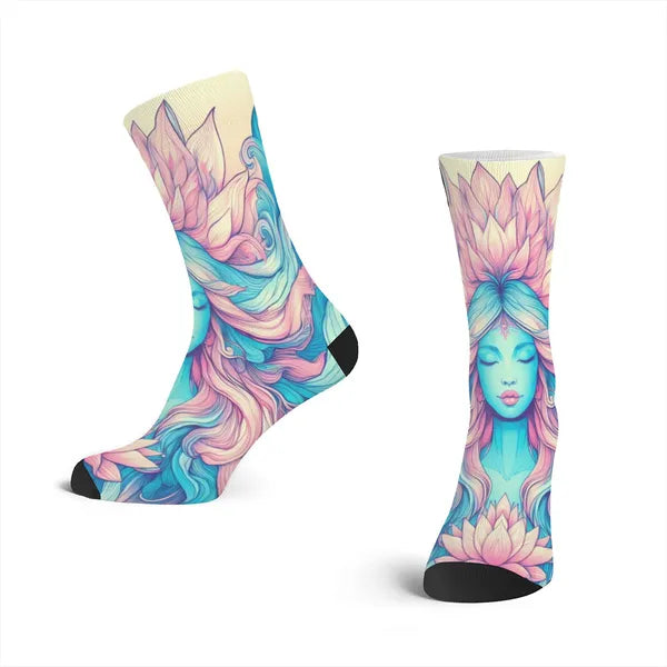 Symmetrical Pastel Goddess Mid-Calf Socks/Styles Pastel Pink, Earth Goddess,Decorative Design Socks,The Gift Dimension