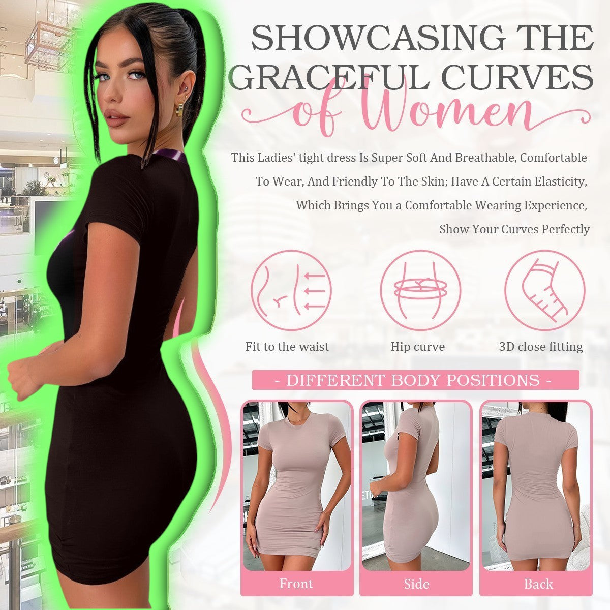 The Gift Dimension black short-sleeve bodycon dress with ruched sides and a graphic print on the front.