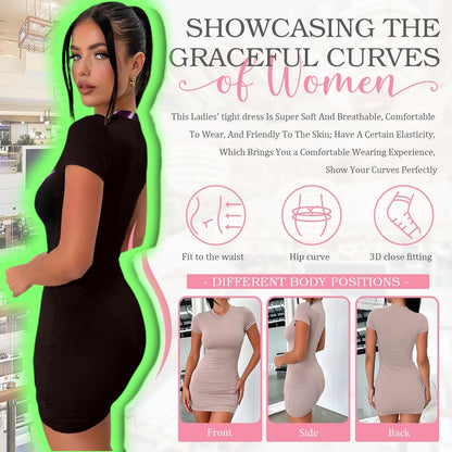 The Gift Dimension black short-sleeve bodycon dress with ruched sides and a graphic print on the front.