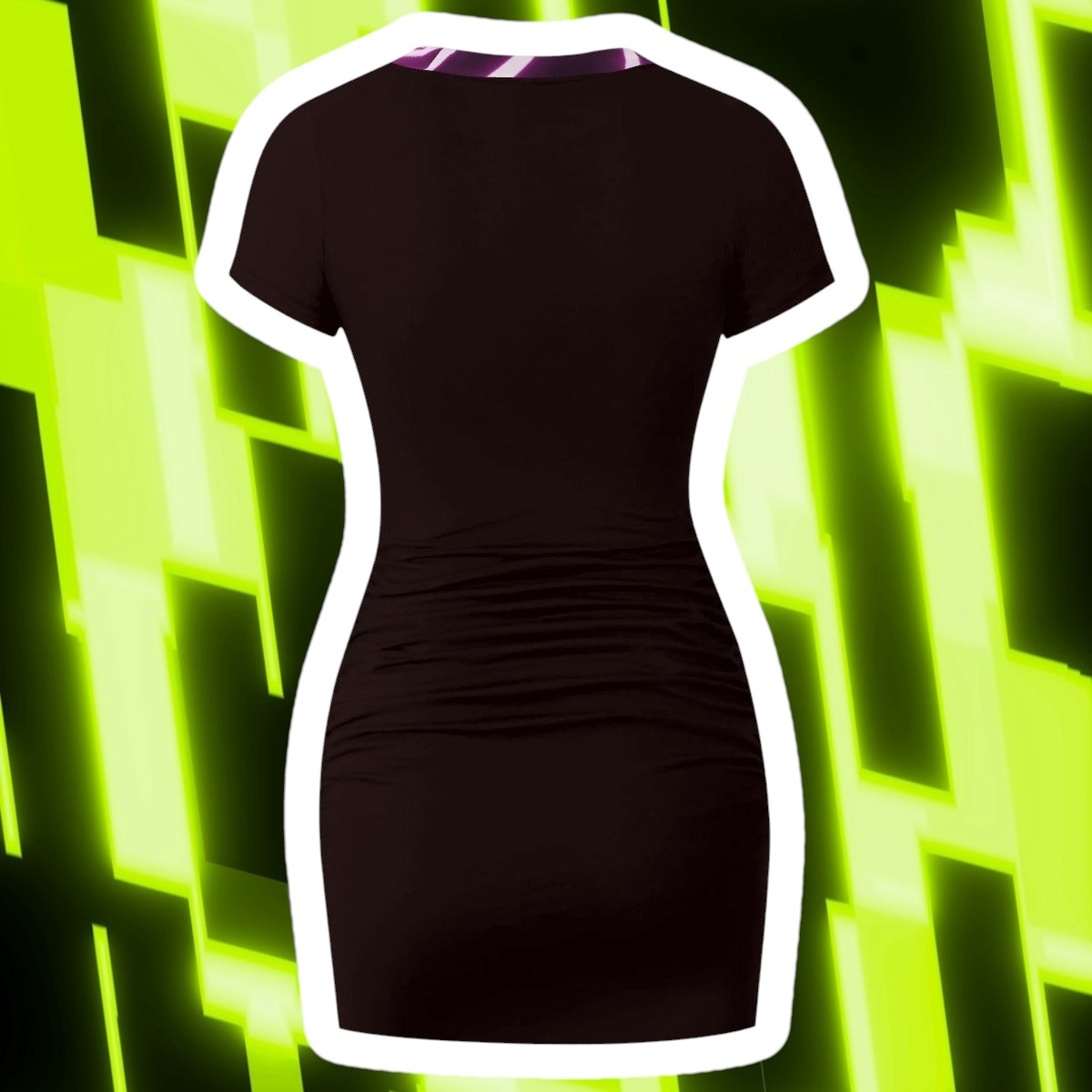 The Gift Dimension black bodycon dress with short sleeves and a ruched side detail. Features a vibrant purple and white lightning bolt print on the neckline.