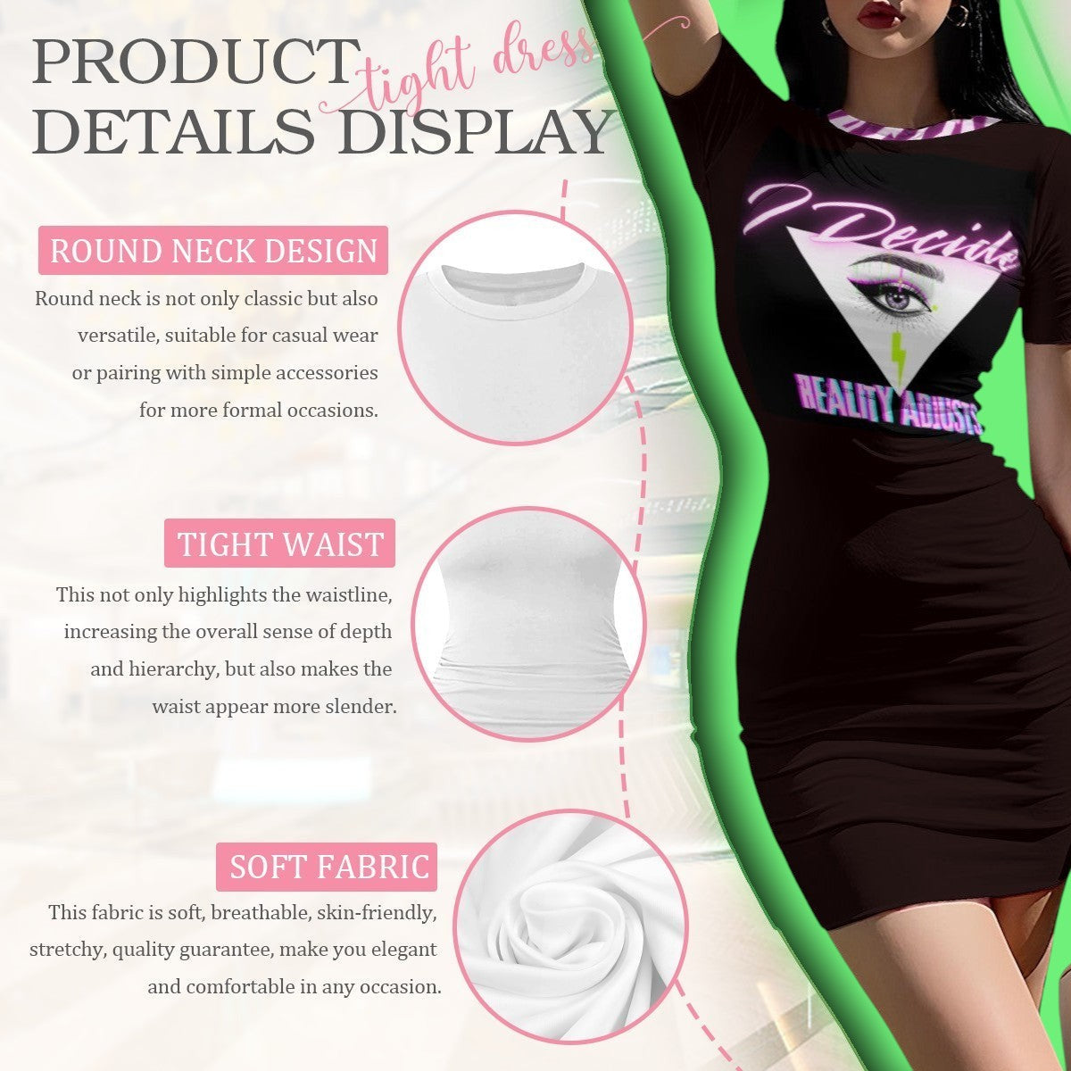 The Gift Dimension black bodycon dress with "I Decide, Reality Adjusts" graphic featuring an eye, pyramid, and lightning bolt.