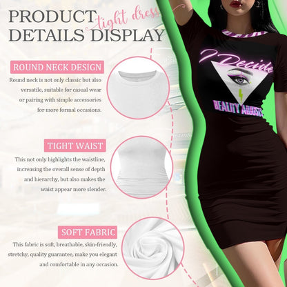 The Gift Dimension black bodycon dress with "I Decide, Reality Adjusts" graphic featuring an eye, pyramid, and lightning bolt.