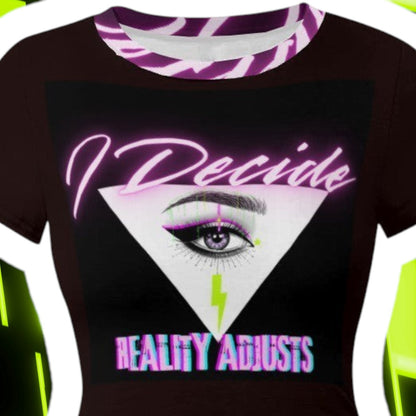 The Gift Dimension bodycon dress with "I Decide, Reality Adjusts" graphic featuring an eye, pyramid, and lightning bolt. Made from milk silk.