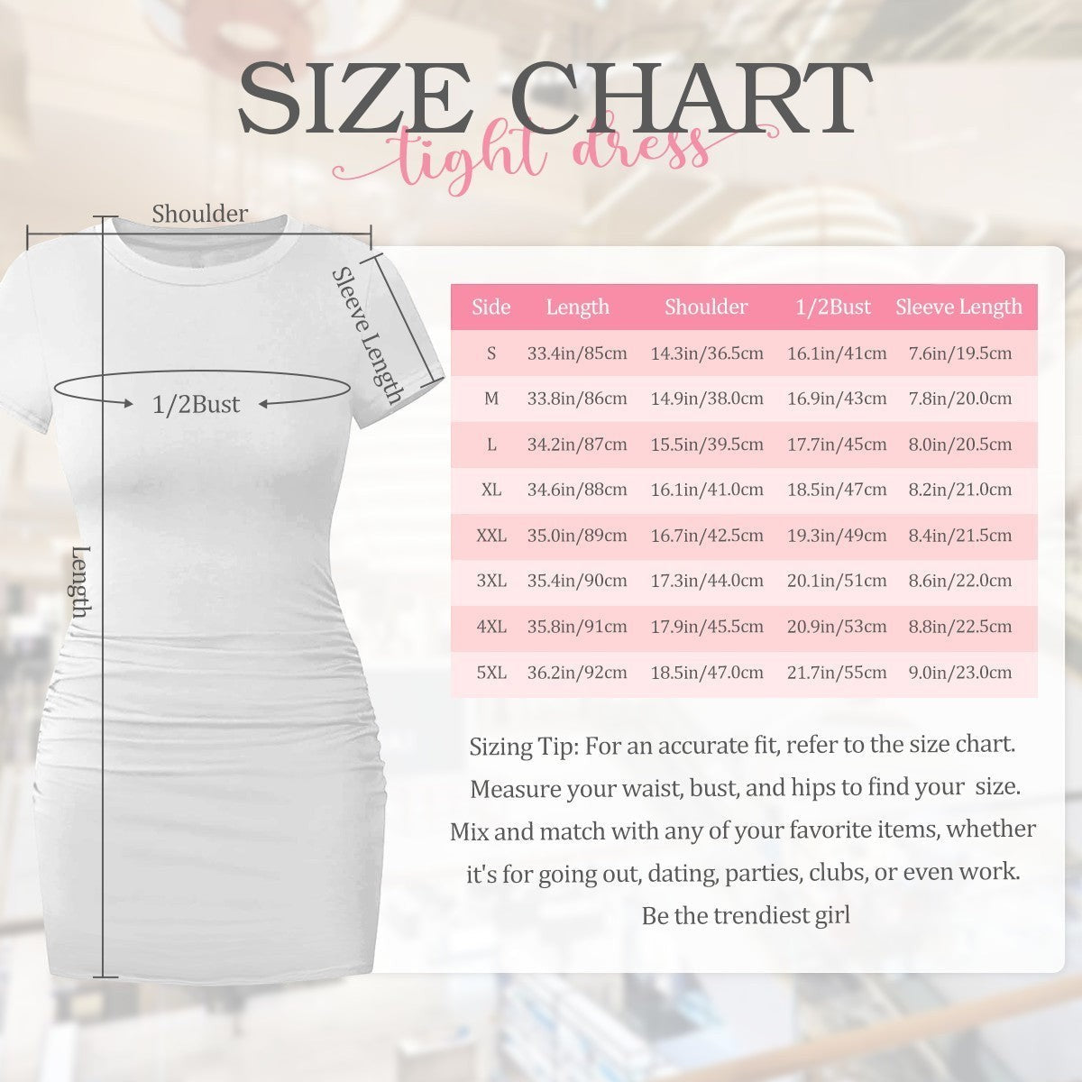 The Gift Dimension bodycon dress size chart with measurements for length, shoulder, bust, and sleeve length.