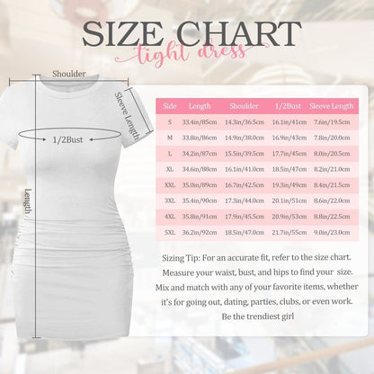 The Gift Dimension bodycon dress size chart with measurements for length, shoulder, bust, and sleeve length.