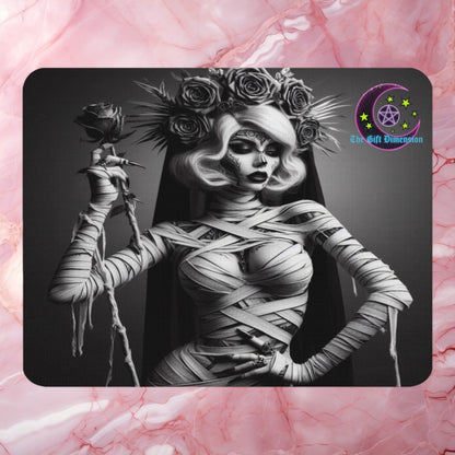The Gift Dimension Bride of the Mummy mouse pad with black and white gothic Egyptian art and non-slip rubber base.