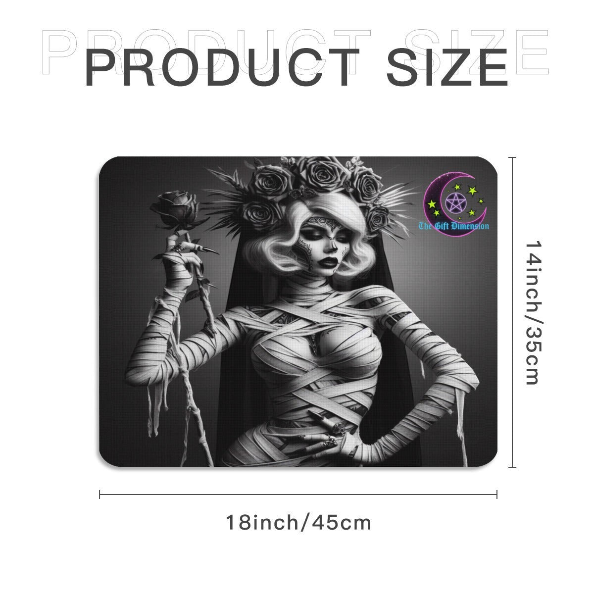 The Gift Dimension Bride of the Mummy mouse pad featuring gothic black and white artwork of a bandaged bride with rose
