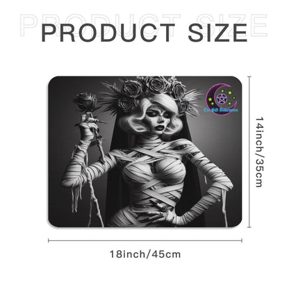 The Gift Dimension Bride of the Mummy mouse pad featuring gothic black and white artwork of a bandaged bride with rose