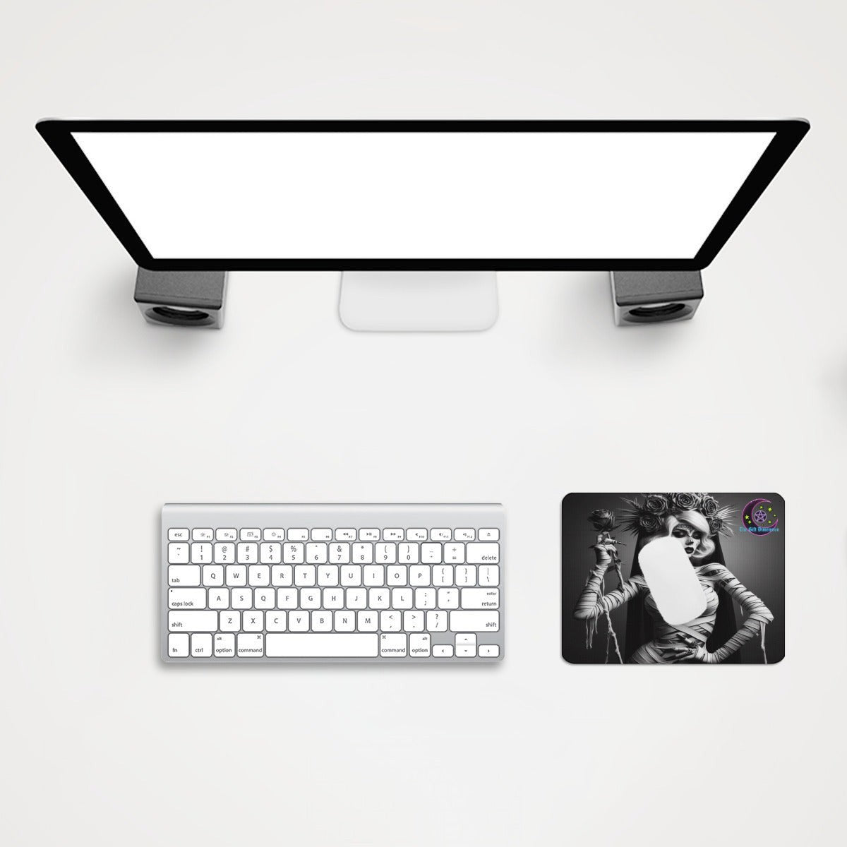 The Gift Dimension Bride of the Mummy mouse pad with gothic Egyptian art on a clean white desk setup.