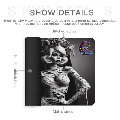 The Gift Dimension Bride of the Mummy mouse pad with gothic Egyptian art, non-slip rubber base, and stitched edges.