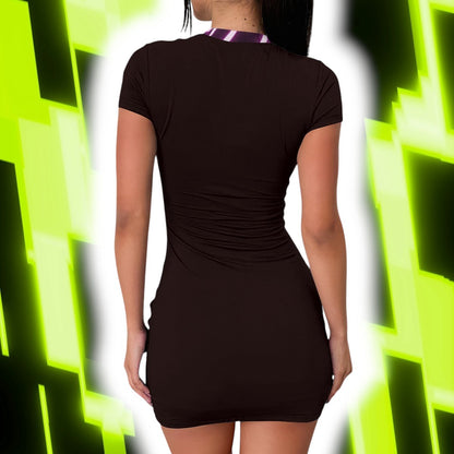 The Gift Dimension brown bodycon dress with short sleeves and a purple and white striped collar. Made from milk silk.