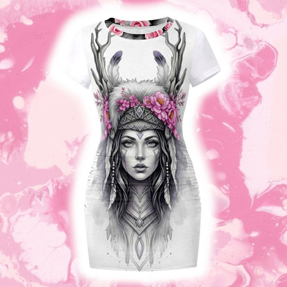 The Gift Dimension white bodycon mini dress with Druid Princess graphic art and pink roses.