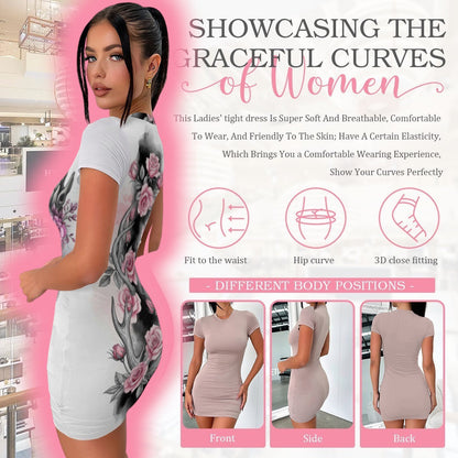 The Gift Dimension Druid Princess mini dress with short sleeves, featuring a monochrome druid art print with pink roses and a ruched hem.