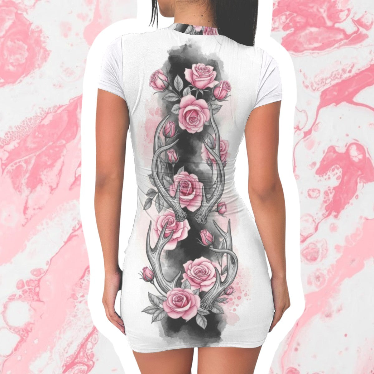 The Gift Dimension white bodycon mini dress with pink roses and antlers graphic print. Short sleeves, high neckline.
