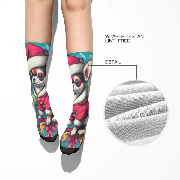 Holiday Sock Collection "Teacup Chihuahua in Santa Suit" Woman's full-width socks,Decorative Design Socks,The Gift Dimension