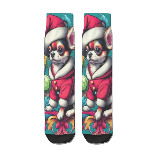 Holiday Sock Collection "Teacup Chihuahua in Santa Suit" Woman's full-width socks,Decorative Design Socks,The Gift Dimension