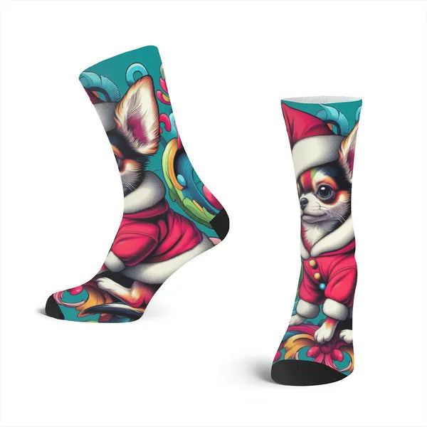Holiday Sock Collection "Teacup Chihuahua in Santa Suit" Woman's full-width socks,Decorative Design Socks,The Gift Dimension